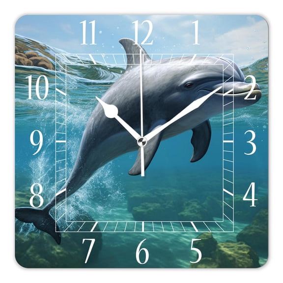 12 Inch Wall Clock Battery Operated Square Clock Decorative for Office, Kitchen, Outdoor, Living RoomTwo Dolphin Swimming Creative