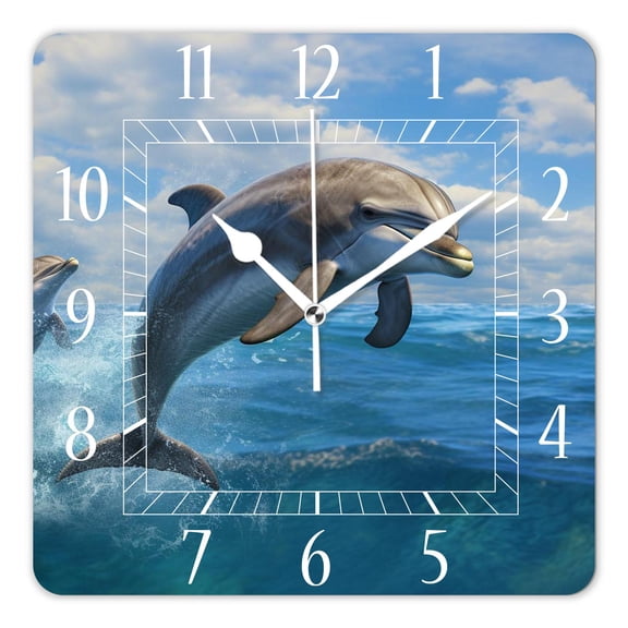 12 Inch Wall Clock Battery Operated Square Clock Decorative for Office, Kitchen, Outdoor, Living RoomTwo Dolphin Swimming Cute