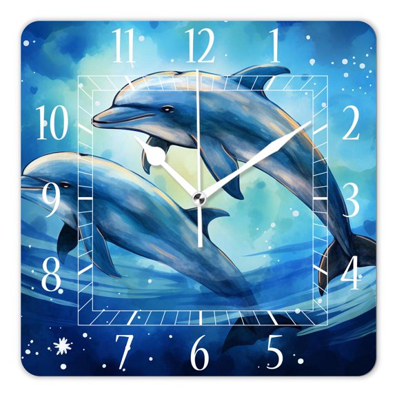 12 Inch Wall Clock Battery Operated Square Clock Decorative for Office, Kitchen, Outdoor, Living RoomTwo Dolphins Moonlight Elegant Design