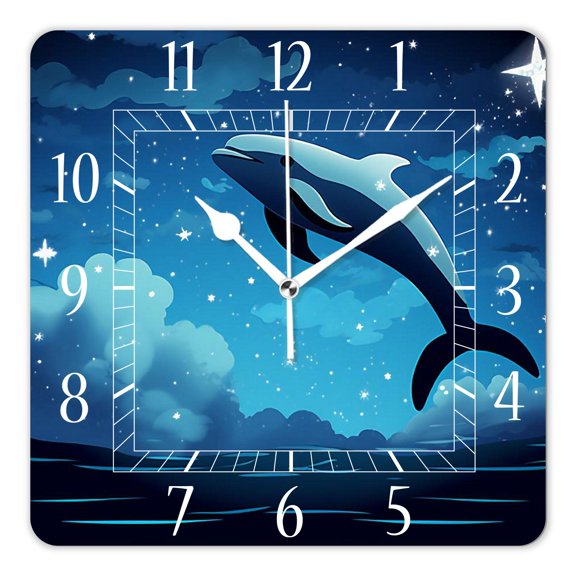 12 Inch Wall Clock Battery Operated Square Clock Decorative for Office, Kitchen, Outdoor, Living RoomTwo Dolphins Moonlight Exquisite