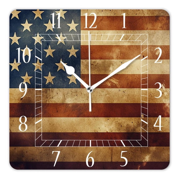 12 Inch Wall Clock Battery Operated Square Clock Decorative for Office, Kitchen, Outdoor, Living RoomVintage American Stars Stripes Multicolor