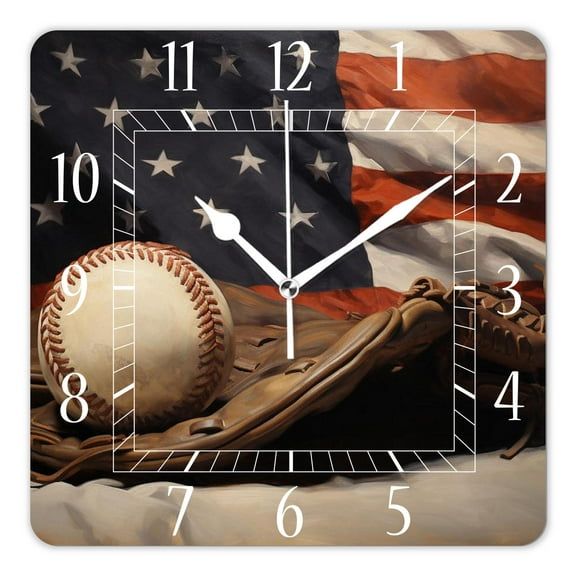 12 Inch Wall Clock Battery Operated Square Clock Decorative for Office, Kitchen, Outdoor, Living RoomVintage Baseball Ball Star American Flag Image