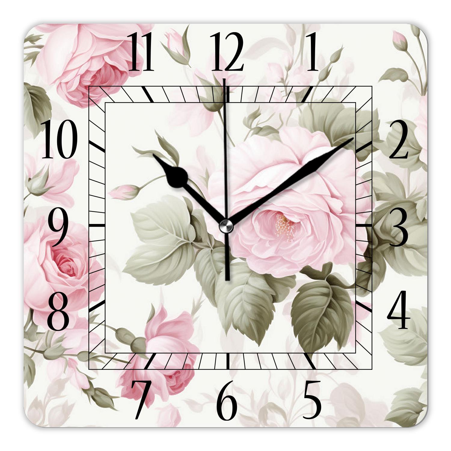12 Inch Wall Clock Battery Operated Square Clock Decorative for Office, Kitchen, Outdoor, Living Room，Watercolor Pink Rose Flower Floral Pattern