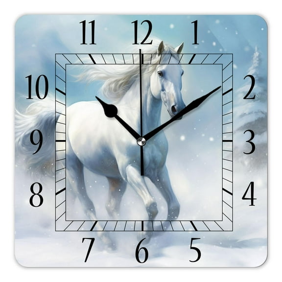 12 Inch Wall Clock Battery Operated Square Clock Decorative for Office, Kitchen, Outdoor, Living RoomWhite Snow Horse Multicolor