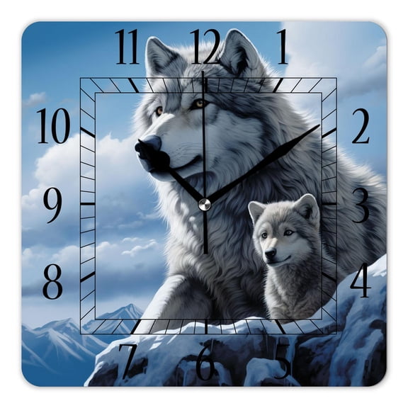 12 Inch Wall Clock Battery Operated Square Clock Decorative for Office, Kitchen, Outdoor, Living Room，Wolf Couple Animal Painting