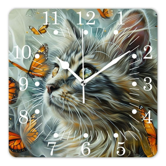 12 Inch Wall Clock Battery Operated Square Clock for Office, Kitchen, Outdoor, Living Room,Animal Cute Cat Butterflies Attractive