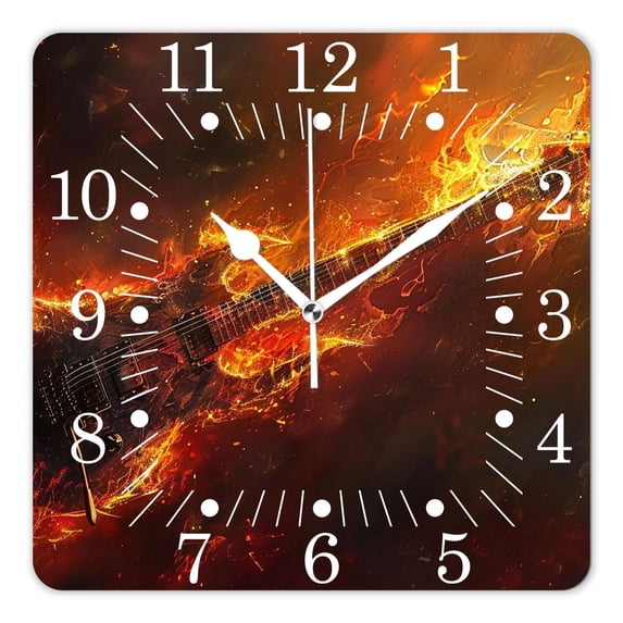 12 Inch Wall Clock Battery Operated Square Clock for Office, Kitchen, Outdoor, Living Room,Guitar Fire Exquisite (2)