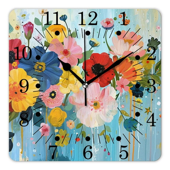 12 Inch Wall Clock Battery Operated Square Clock for Office, Kitchen, Outdoor, Living Room,Watercolor of Flower Plants Floral Lovely