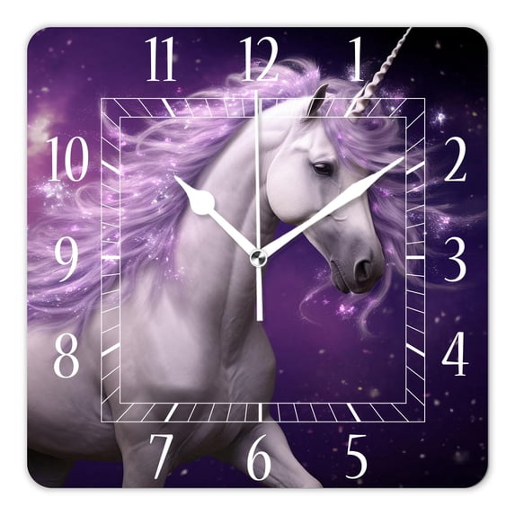 12 Inch Wall Clock Battery Operated Square Clock Decorative for Office, Kitchen, Outdoor, Living Room,A Beautiful White Unicorn and Snowflakes Art Pattern
