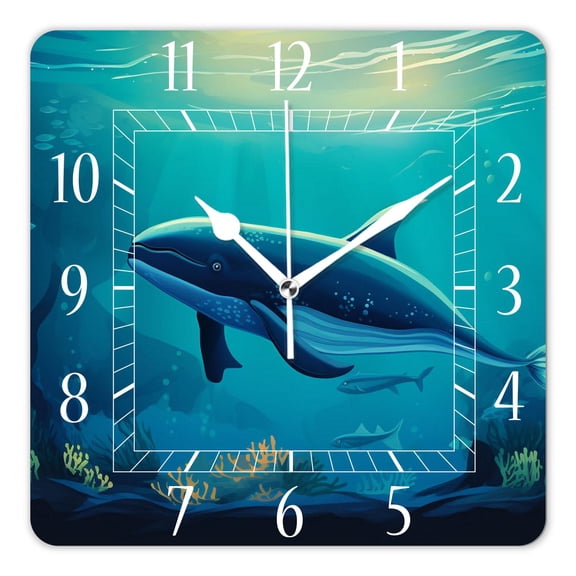 12 Inch Wall Clock Battery Operated Square Clock Decorative for Office, Kitchen, Outdoor, Living RoomMassive Whale The Master of The Oceans Themedround Planet Nature,Blue Orange Image