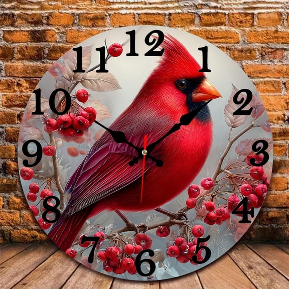 12 Inch Wall Clock, Cardinal Bird Clock Wooden Round Wall Clocks with Silent Non-Ticking Quartz Movement, Battery Operated, Art Decor Hanging Clock for Kitchen, Bathroom, Bedroom, Living Room