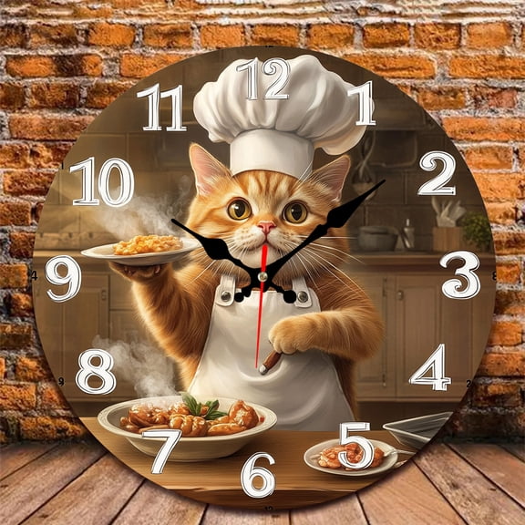 12 Inch Wall Clock, Cat Chef Clock Wooden Round Wall Clocks with Silent Non-Ticking Quartz Movement, Battery Operated, Art Decor Hanging Clock for Kitchen, Bathroom, Bedroom, Living Room