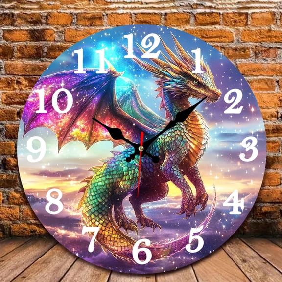 12 Inch Wall Clock, Colorful Dragon Wooden Round Wall Clocks with Silent Non-Ticking Quartz Movement, Battery Operated, Art Decor Hanging Clock for Kitchen, Bathroom, Bedroom, Living Room
