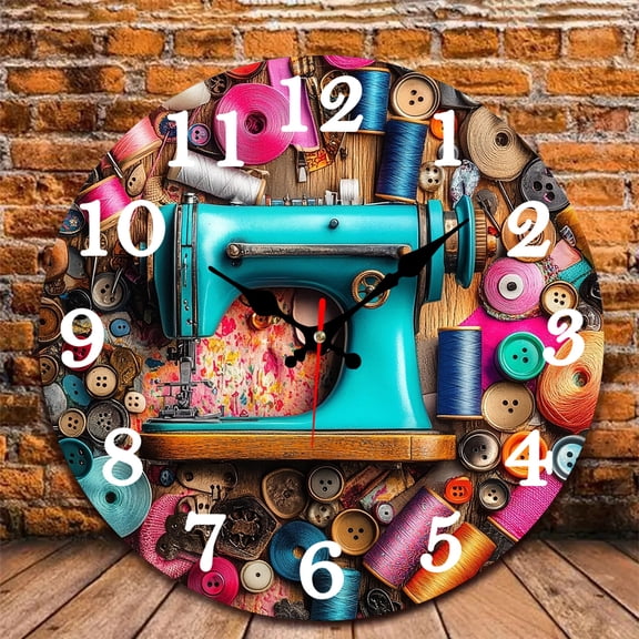 12 Inch Wall Clock, Sewing Machine Wooden Round Wall Clocks with Silent Non-Ticking Quartz Movement, Battery Operated, Art Decor Hanging Clock for Kitchen, Bathroom, Bedroom, Living Room