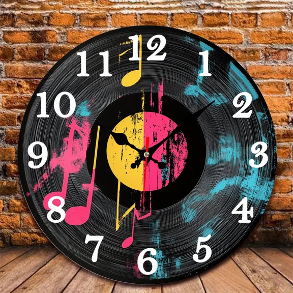 12 Inch Wall Clock, Vinyl Record Clock Wooden Round Wall Clocks with Silent Non-Ticking Quartz Movement, Battery Operated, Art Decor Hanging Clock for Kitchen, Bathroom, Bedroom, Living Room
