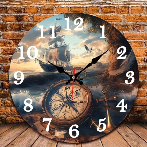 12 Inch Wall Clock, Voyage Compass Wooden Round Wall Clocks with Silent Non-Ticking Quartz Movement, Battery Operated, Art Decor Hanging Clock for Kitchen, Bathroom, Bedroom, Living Room