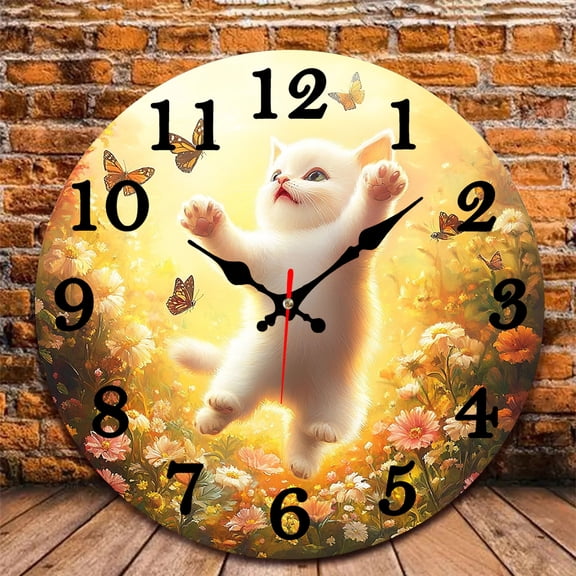 12 Inch Wall Clock, White Kitten Wooden Round Wall Clocks with Silent Non-Ticking Quartz Movement, Battery Operated, Art Decor Hanging Clock for Kitchen, Bathroom, Bedroom, Living Room