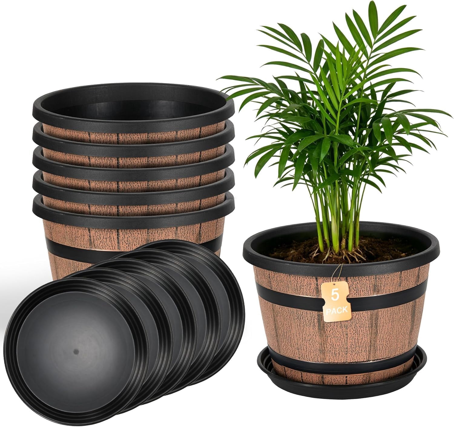 12 Inch Whiskey Barrel Planters with Drainage Holes & Saucer, 5 Pack Plastic Plant Pots with Wine Barrel Design, Flower Pots for Indoor Outdoor Balcony