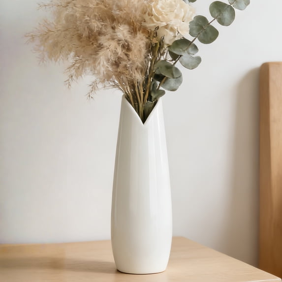 12-Inch White Ceramic Textured Vase for Modern Minimalist Home Decor