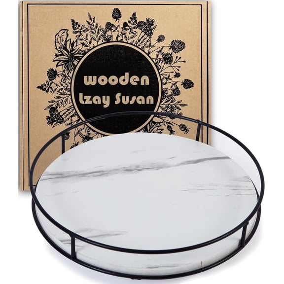 12 Inch White  Lazy Susan Turntable for Table, Kitchen Rustic Brown Turntable Organizer with Steel Frame, 360  Decorative Lazy Susan for Countertop Cabinet or Centerpieces