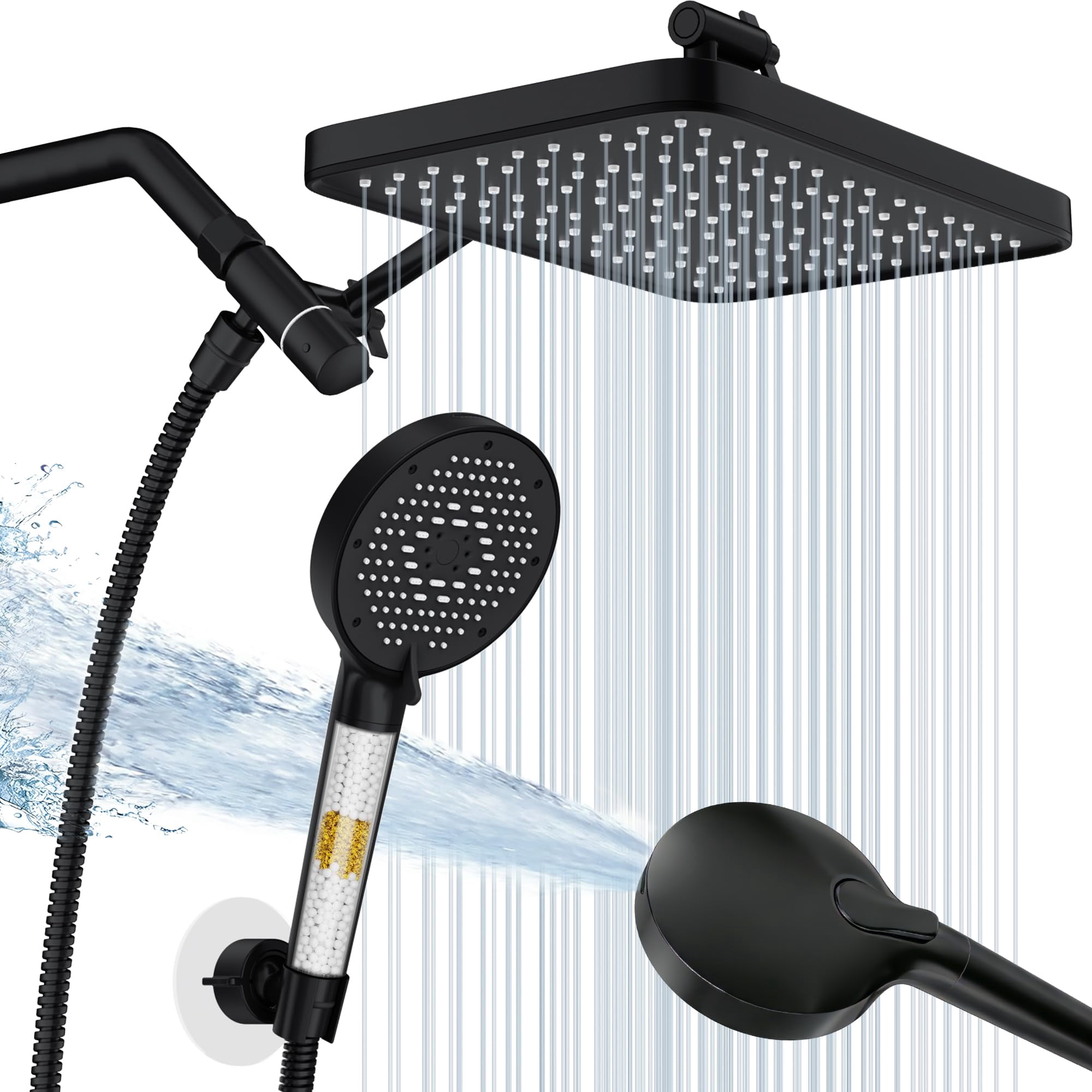 12 Inch Wide Rain Shower Head With Filtered Handheld Combo  High Rainfall 9 Spray Modes 9-inch Extension Arm Comes Filter Removes Chlorine(black)