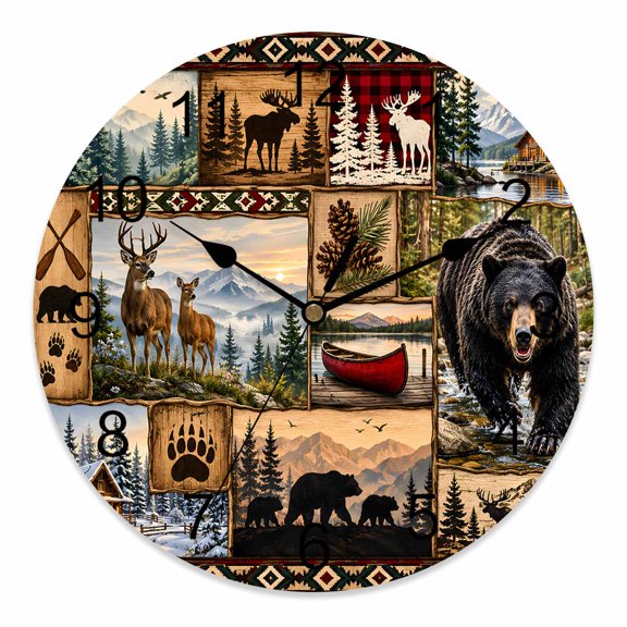 12 Inch Wilderness Wall Clock, Rustic Brown Patchwork Wildlife Bear Elk Pinecone Cabin Battery Operated Silent Non Ticking Clocks, Easy to Read Round Wall Clock for Kitchen/Living Room/Bedroom