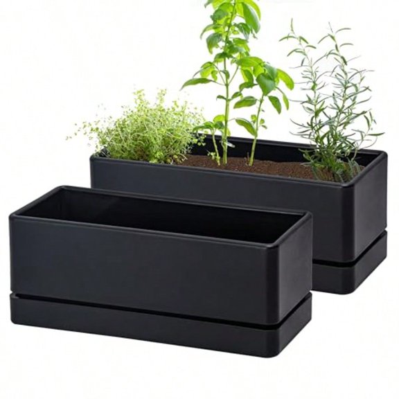 12 Inch Window Box Planter Rectangle Plastic Herb Planter With Drainage Holes And Saucer Indoor Succulent Cactus Vegetable Pot For Windowsill Garden Balcony Black Set Of 2 76XB2