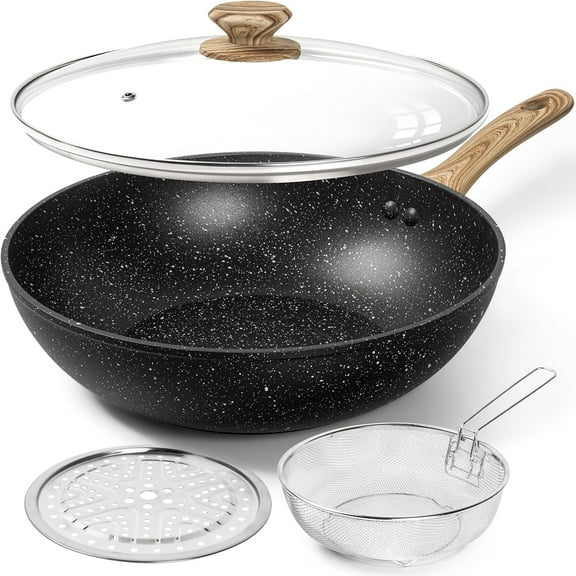 12 Inch Wok Set - Woks & Stir-Fry Pans Nonstick Wok Pan with Lid, Induction Wok with Ergonomic Handle, Stainless Steel Steamer, Fryer Basket, Black