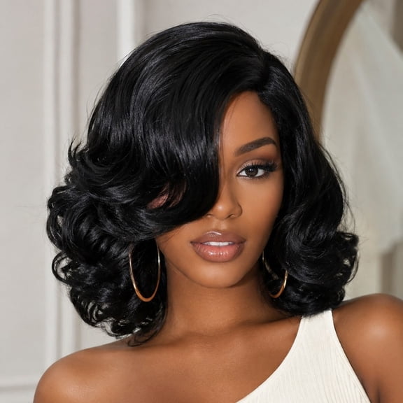 Nonivsa Synthetic Wig for Women Black Short Wavy Bob with Side Swept Bangs 12 inch