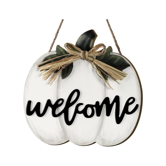 12 Inch Wooden Fall Welcome Sign, White Pumpkin Hanging Decor for Front Porch, Farmhouse Fall Decor for Halloween Thanksgiving Outdoor Home Display