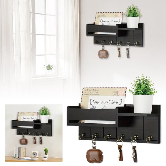 12 Inch Wooden Wall Mount Key Holder Farmhouse Entryway Storage Rack with Mail Organizer Shelf & Hooks Wall Storage Organizer for Keys Mail Pet Leashes Bags Fits Hallway Bedroom Bathroom Apartment RV