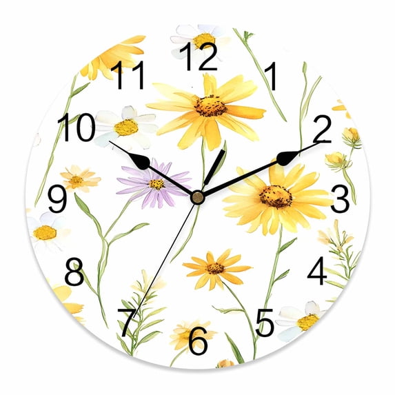 12 Inch Yellow Daisy Flowers Leaf Wall Clock, Simple Style Watercolor