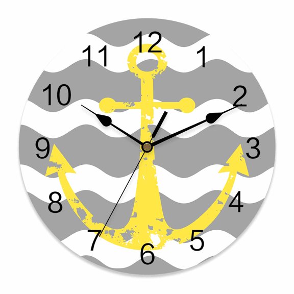12 Inch Yellow Nautical Wall Clock, Anchor Grey Wavy Stripes Battery Operated Silent Non Ticking Clocks, Easy to Read Round Wall Clock for Kitchen/Living Room/Bedroom/Bathroom