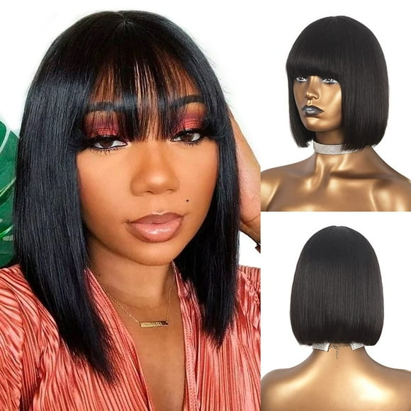 12 Inches Blunt Cut Bob Wigs For Black Women Human Hair Wigs With Bangs and Natural Scalp Top, Adequate Density Natural Color Short Bob Wigs With Bangs Natural Black 12 Inches