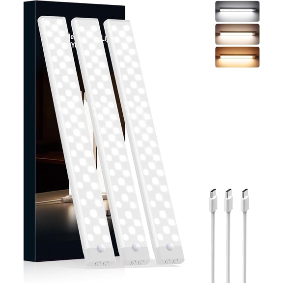 12 Inches Under Cabinet Lighting 3 Packs, Rechargeable Motion Sensor Light Indoor, 3 Color Temps, Dimmable Closet Light Stick , Under Counter Lights for Kitchen