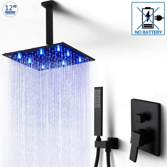 12 Inches Ceiling Mount Shower Faucets Sets Complete Shower System LED Rainfall Shower Head System Rough-in Valve Body and Trim Included Matte Black