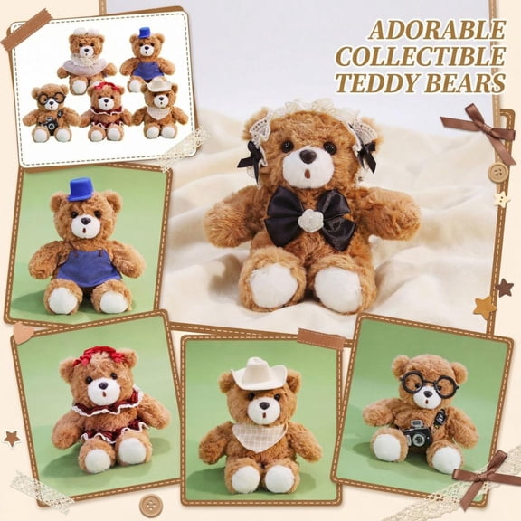 12 Inches Cute Plush Teddy Bear, Soft Stuffed Animal Toy with Exquisite Bow Tie & Decorative Hats, Huggable Cuddly Companion for Bedtime, Playtime & Comfort, Perfect Gift for Famil