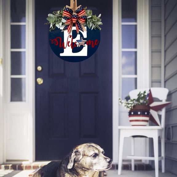 12 Inches Initial Last Name 4Th Of July Front Door Wreath, Unique Welcome Sign Garland With Bow & Eucalyptus,Personalized Creative 26 Letter Farmhouse Wreath For Independence Day Outside (E)