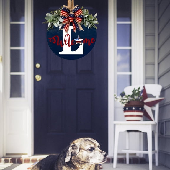12 Inches Initial Last Name 4Th Of July Front Door Wreath, Unique Welcome Sign Garland With Bow & Eucalyptus,Personalized Creative 26 Letter Farmhouse Wreath For Independence Day Outside (L)