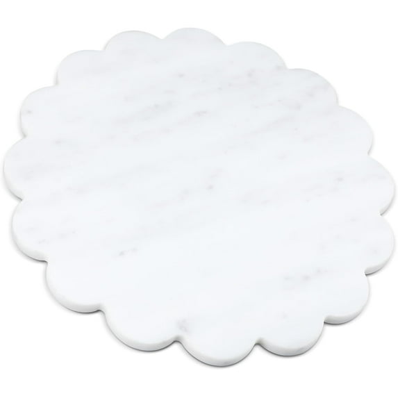 12 Inches Marble Cutting Board Round Cheese Board Marble Charcuterie Board Circle Marble Slab Multi Purpose White Scalloped Cutting Board with Non Slip Feet for Kitchen Bread Cheese Pizza