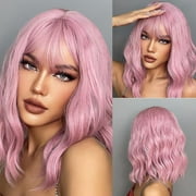 12 Inches Pink Bob Wigs for Women, Synthetic Wavy Curly Hair Wig with Bangs for Cosplay Party Daily Halloween Daily Use