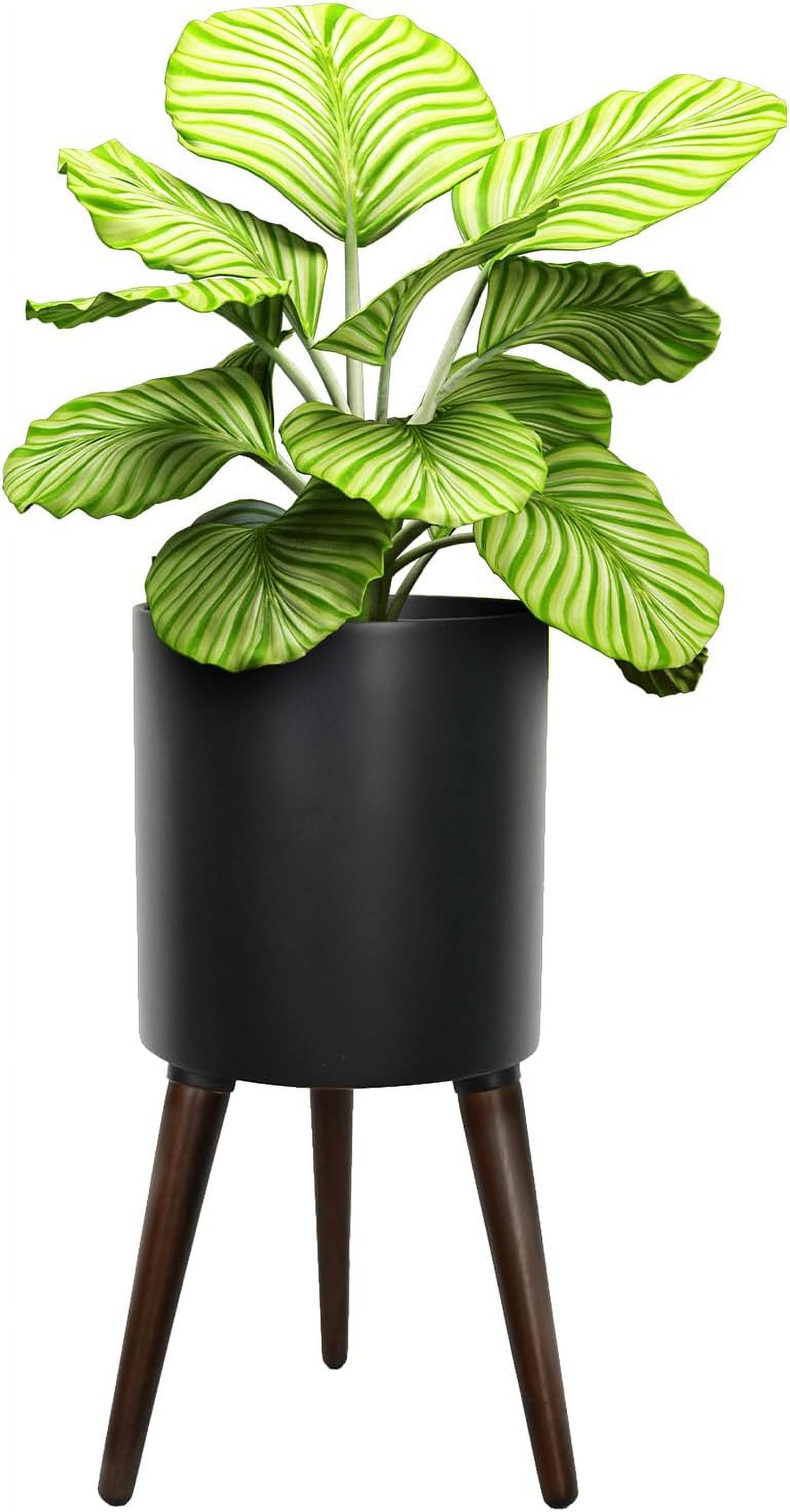12 Inches Plant Pot with Legs, Black Mid Century Flower Pots with Wood