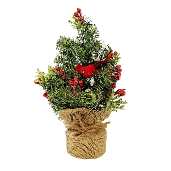 12 Inches Plastic Light Up Evergreen with Red Cardinal