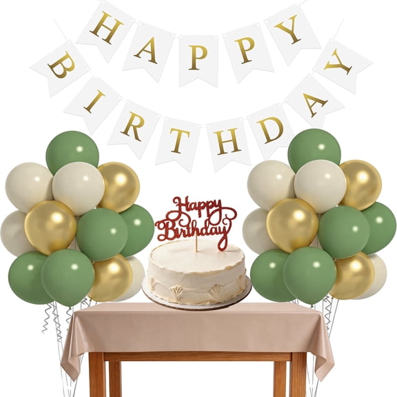 12 Inches Sage Green Balloons Set, Green Gold Sand White Balloons and Happy Birthday Banner with Ribbons for Birthday, Wedding, Baby Shower, Graduation Party Decorations