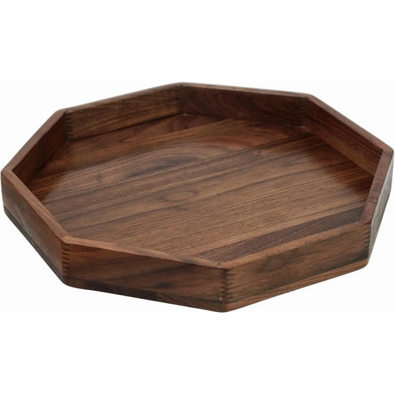 12 Inches Small Octagonal Black Walnut Wood Ottoman Tray with Handles, Serve Tea, Coffee Classic Wooden Decorative Serving Tray