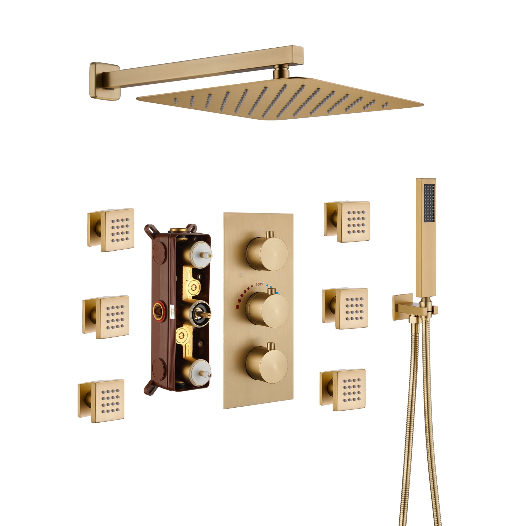 Brushed Gold Wall Mounted Rain Shower System with Handheld and Body Jets