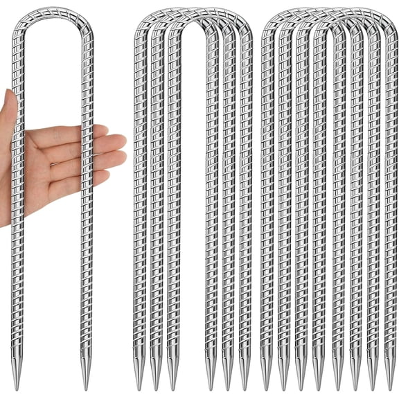 12 Inches U Stakes 8-Pack Heavy Duty Tramopline Wind Stakes for Inflatables, Metal Stake for Outdoor Decorations, Fence Stakes for Dogs Digging, Inflatables, Outdoor Decoration Anchors Silver