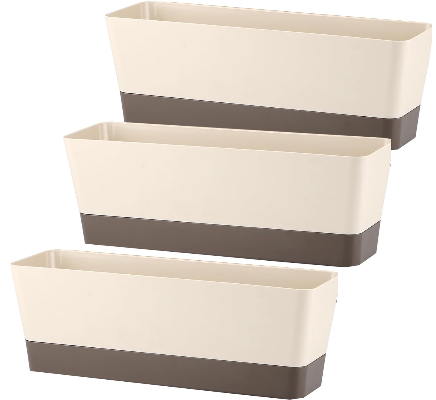 12 Inches Window Box Planter,Bexikou 3 Pack Plastic Vegetable Flower Planters Boxes,Rectangular Plant Containers with Tray for Indoor Outdoor Garden, Patio, Home Decor (Beige)