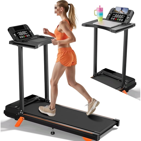 12% Incline Treadmill with Desk Workstation, 8.0MPH/3.5HP Portable Treadmill with Handle, 300LBS Weight Capacity Compact Walking Pads for Home, Small Spaces, Console with Big LED Display
