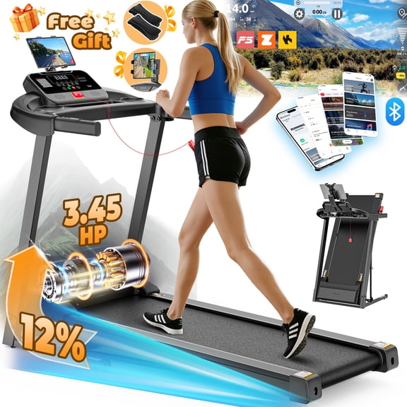 12% Incline Treadmill with Handle, 3.45HP Portable Treadmills for Home, Foldable Treadmills with 340 LBS Capacity, 3-in-1 Quiet Walking Pad Treadmill, 70+1 Programs, APP Control, Knee Gifts